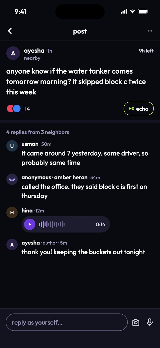 a post asking whether the water tanker comes tomorrow, with replies from neighbours, one anonymous and one a voice note